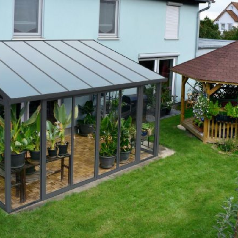Palram Canopia Sanremo lean-to conservatory grey lifestyle image