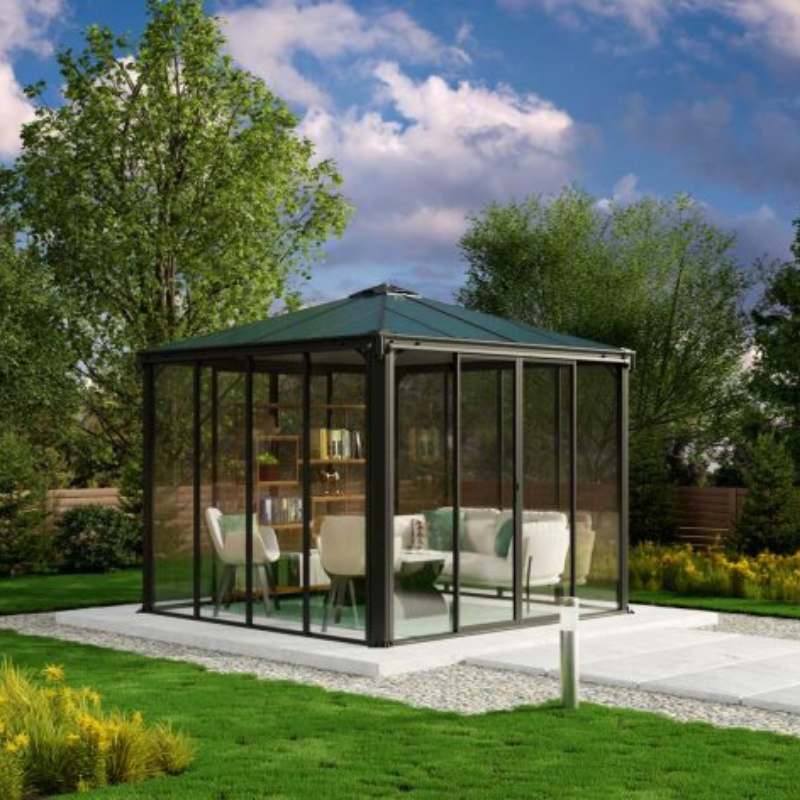 A diagonal view of the Palram Ledro 3000 enclosed gazebo designed to be an outdoor lounge with glass walls.