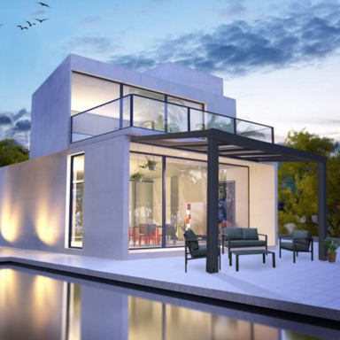 The Palram-Canopia Stockholm veranda attached to a modern house.