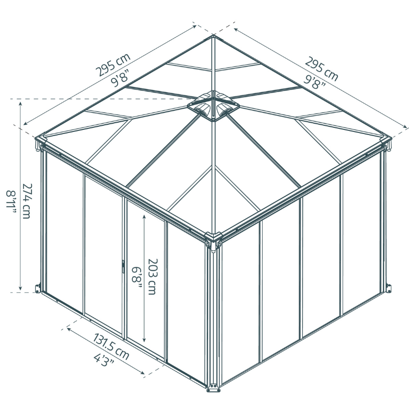 A dimensional drawing of the Palram Ledro 3000 enclosed gazebo.