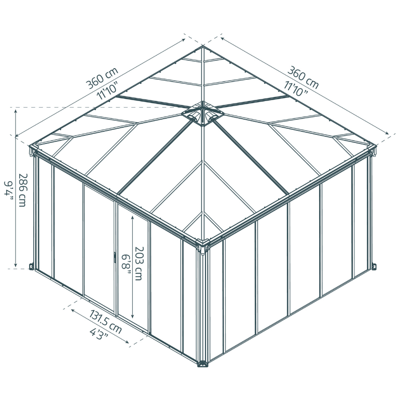 A dimensional drawing of the Palram Ledro 3600 enclosed gazebo.