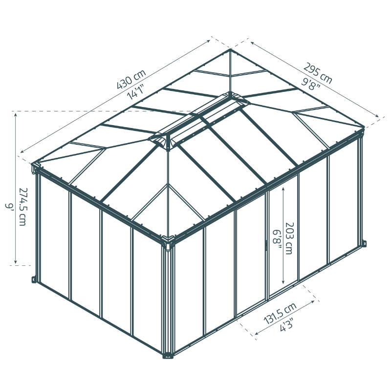 A dimensional drawing of the Palram Ledro 4300 gazebo.
