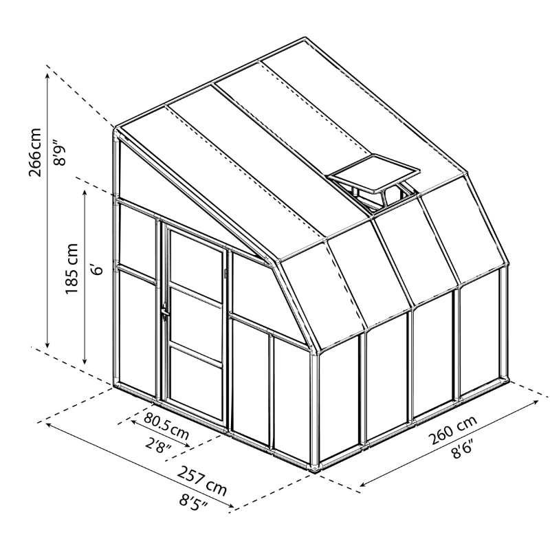 Dimensional drawing of the 8x8 foot Palram Sunroom.
