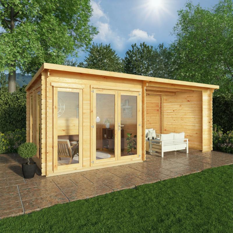 Mercia Studio Pent Log Cabin With Canopy - 6m x 3m (28mm-44mm) Mercia