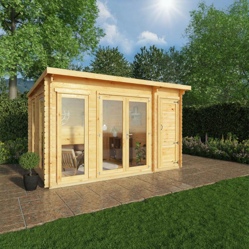 Mercia Studio Pent Log Cabin With Side Shed - 4.1m x 3m (28mm-44mm) Mercia