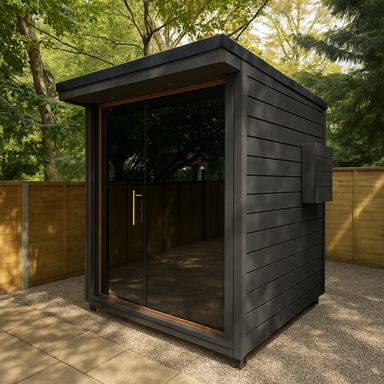 Wooden Cube Sauna With Black Timber Cladding