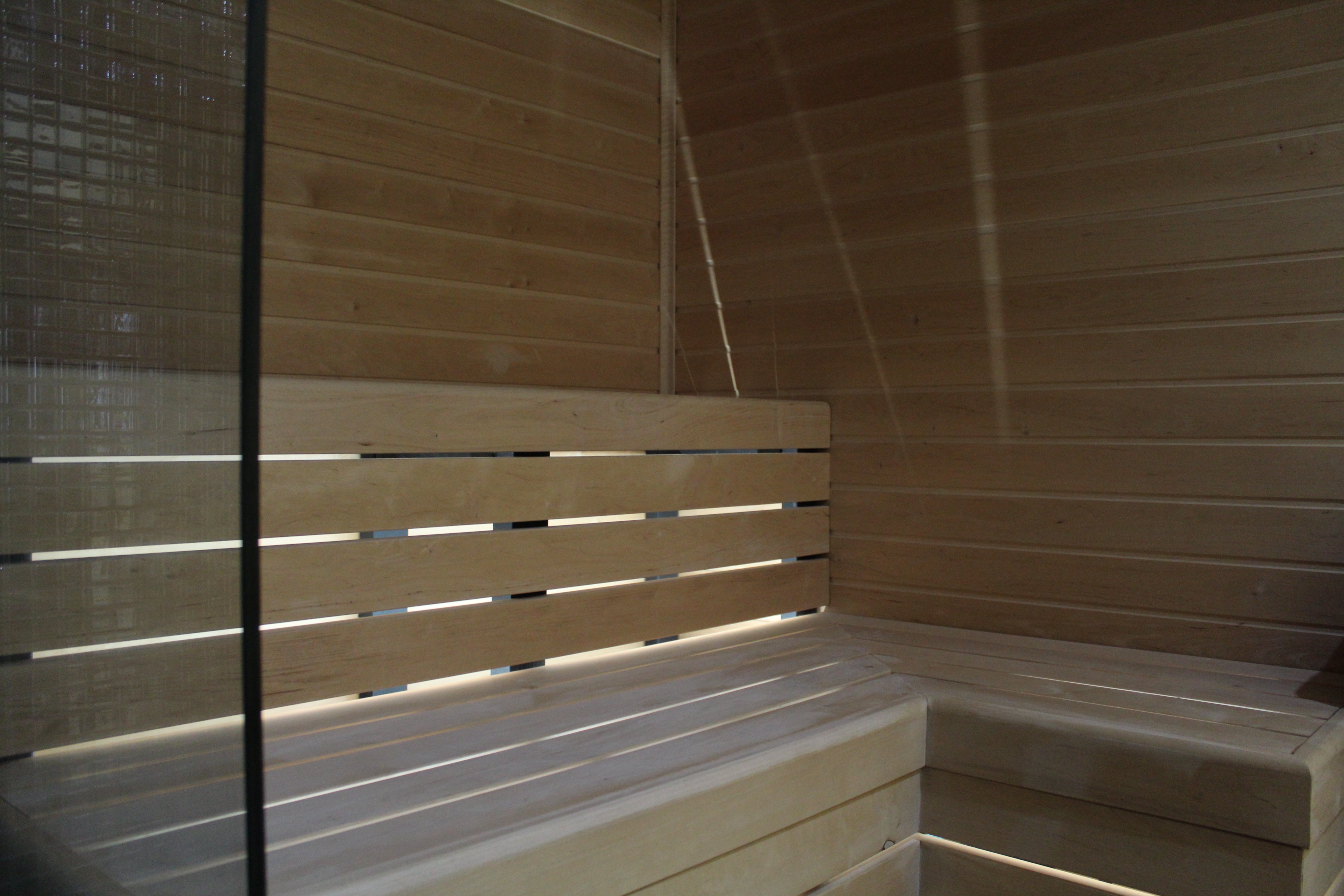 Wooden sauna with bench and glass door