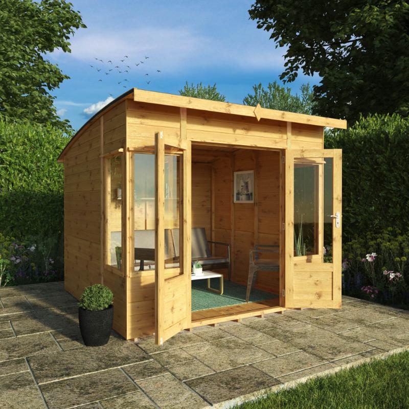 Mercia Helios Summerhouse 8x8 foot in the garden with open double doors.