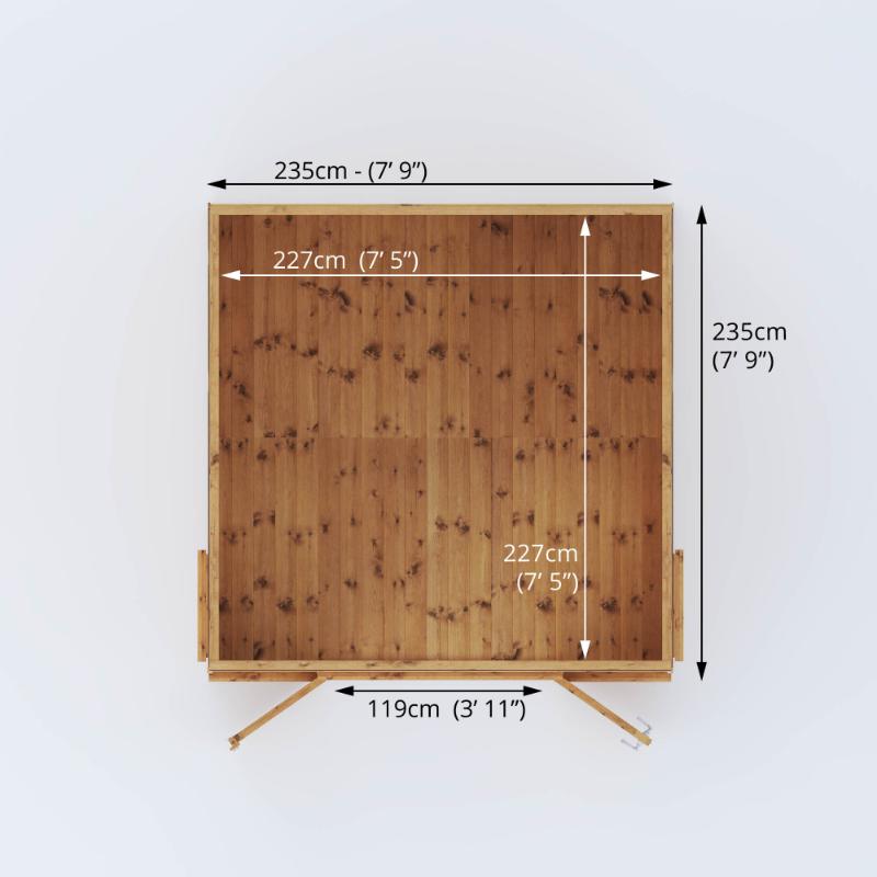 Dimensional drawing of the Mercia Helios Summerhouse 8x8 foot.