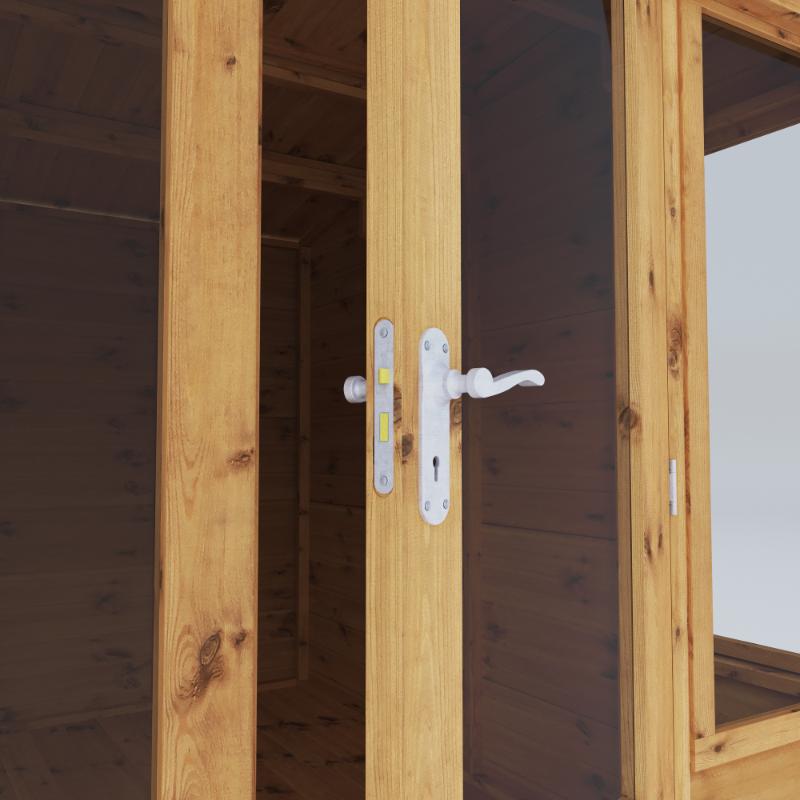 Close up on the door handle of the Mercia Helios Summerhouse.