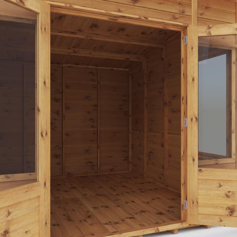 Close up on the Mercia Helios Summerhouse with open double doors looking inside.