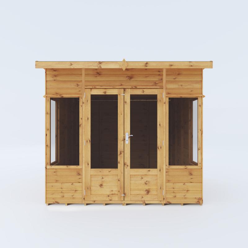 Front side view of the Mercia Helios Summerhouse with a white background.