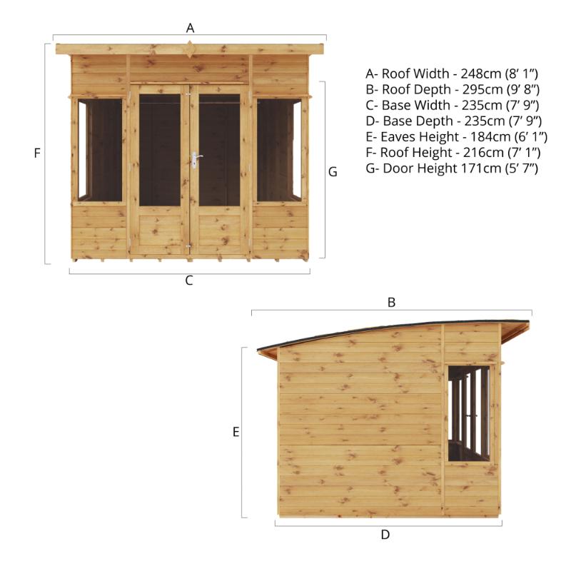 The full dimensions of the Mercia Helios Summerhouse 8x8 foot.