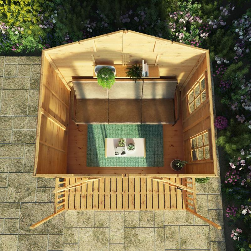 A birds eye view of the Mercia Wessex summerhouse 8x8 foot showing off its interior being used as a lounging area.