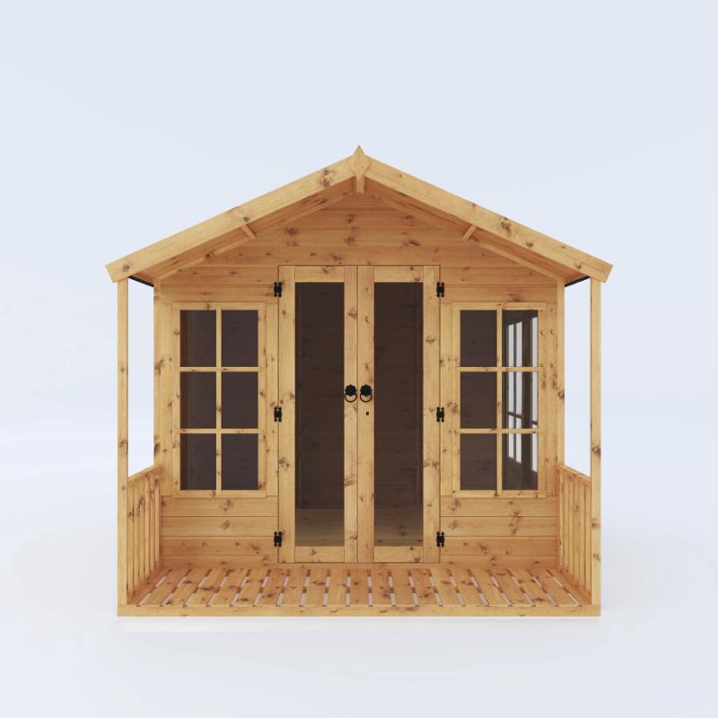 A front side view of the Mercia Wessex summerhouse 8x8 foot with closed double doors on a white background.