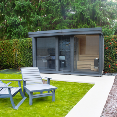 Outdoor sauna and steam room duo in a garden