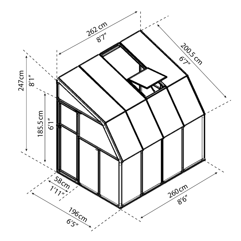Dimensional drawing of the 6x8 foot Palram Sunroom.