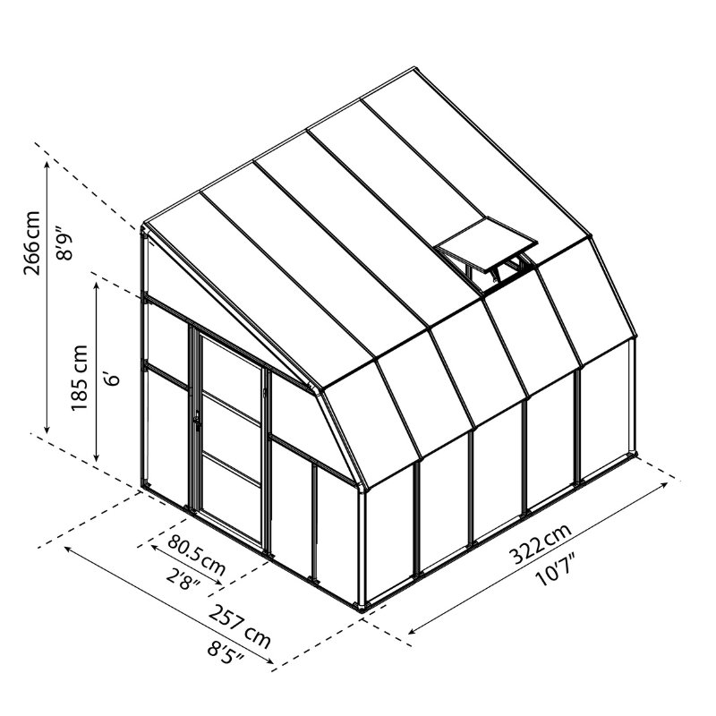 Dimensional drawing of the 8x10 foot Palram Sunroom.