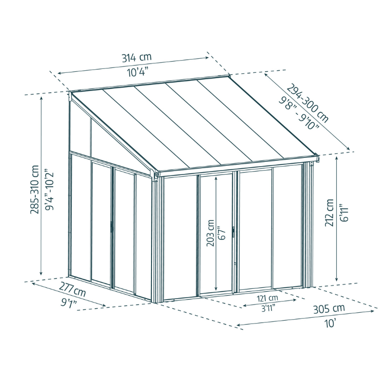 Palram Canopia Sanremo lean-to conservatory 3x3 dimensional drawing