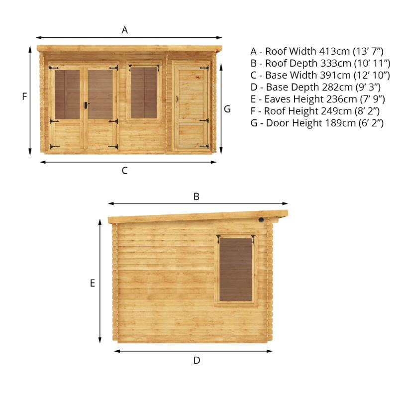 Mercia Pent Log Cabin With Side Shed - 4.1m x 3m (19mm)