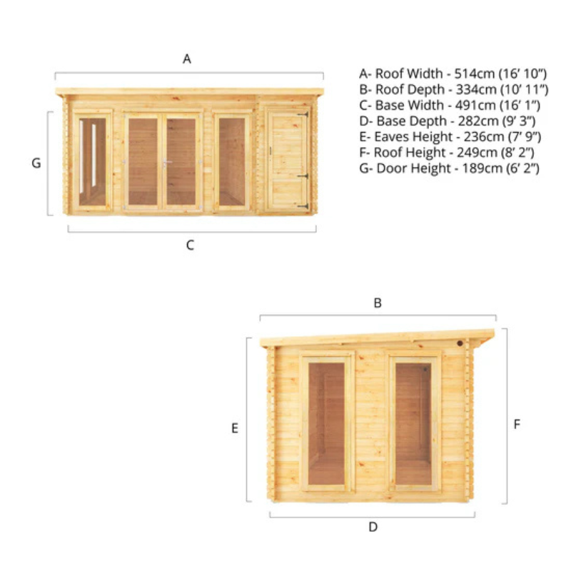 Mercia Pent Log Cabin With Side Shed - 5.1m x 3m (19mm)