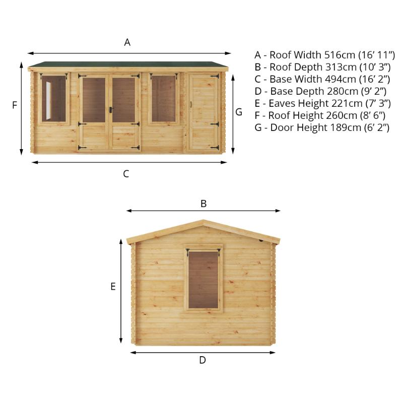 Mercia Reverse Apex Log Cabin With Side Shed - 5.1m x 3m (19mm)