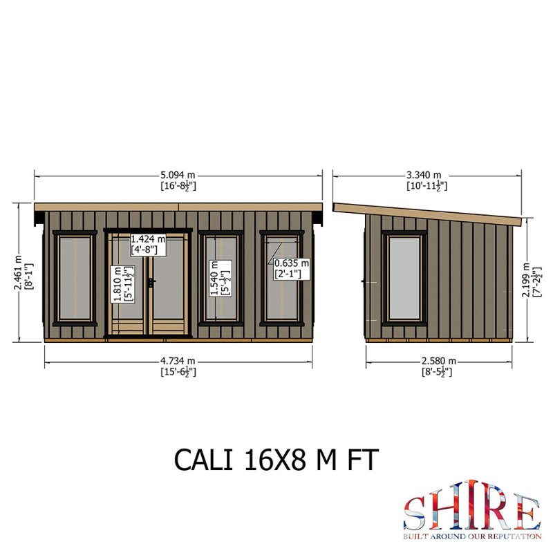 Shire Cali Pent Roof Fully Insulated Garden Office - 16 x 8