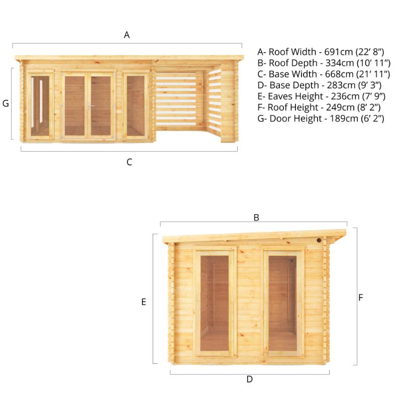 Mercia Studio Pent Log Cabin With Slatted Area - 7m x 3m (28mm-44mm)