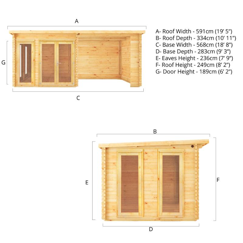 Mercia Studio Pent Log Cabin With Canopy - 6m x 3m (28mm-44mm)