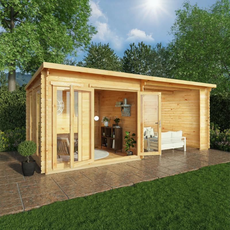 Mercia Studio Pent Log Cabin With Canopy - 6m x 3m (28mm-44mm)