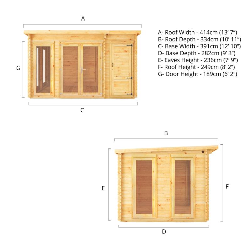 Mercia Studio Pent Log Cabin With Side Shed - 4.1m x 3m (28mm-44mm)