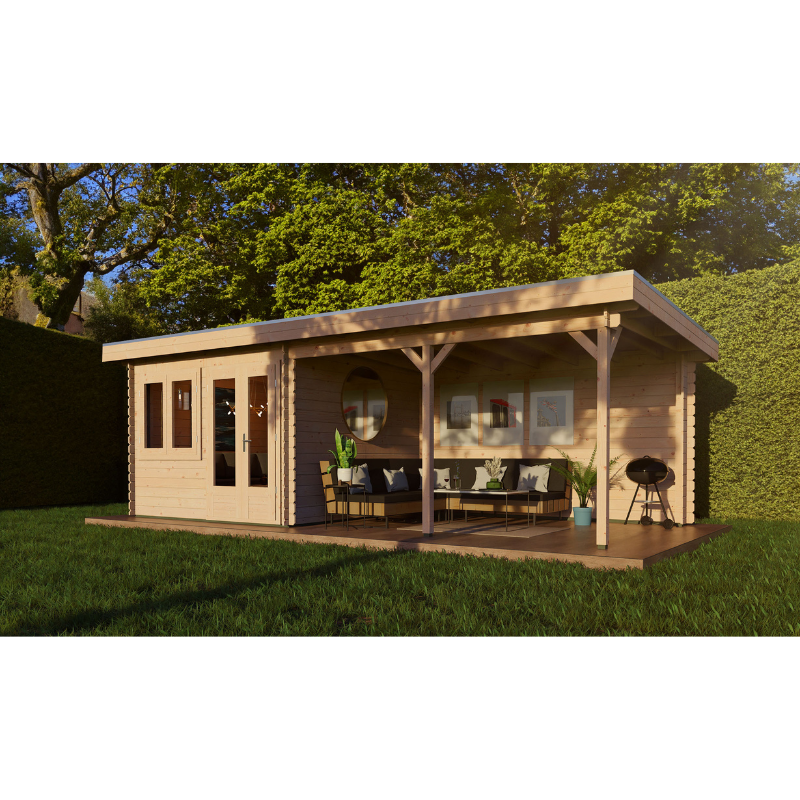 Woodpro Pent Roof Log Cabin With Canopy - 7 x 3