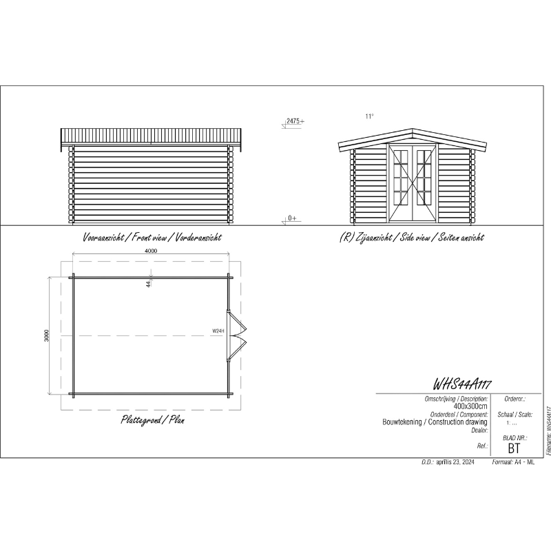 Woodpro Apex Roof Log Cabin - 3 x 4