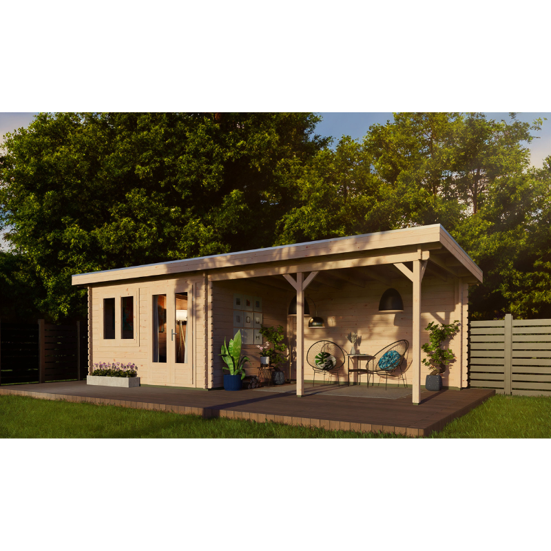 Woodpro Pent Roof Log Cabin With Canopy - 7.5 x 3