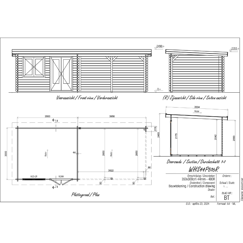 Woodpro Pent Roof Log Cabin With Canopy - 7.5 x 3