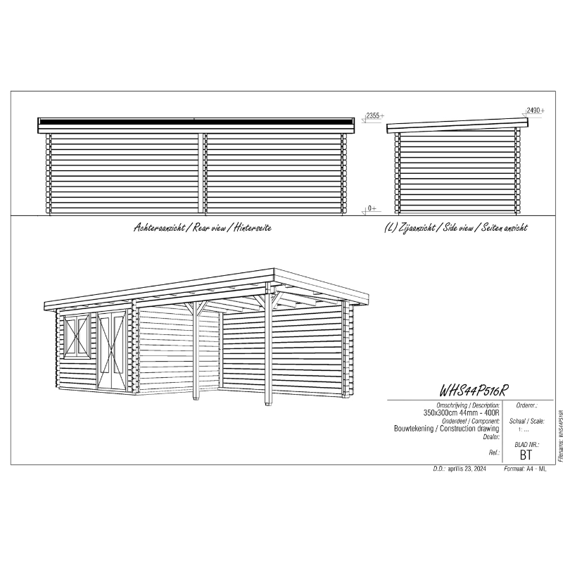 Woodpro Pent Roof Log Cabin With Canopy - 7.5 x 3