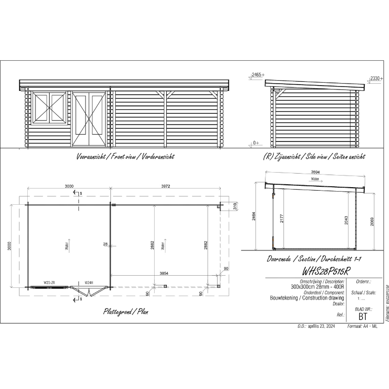 Woodpro Pent Roof Log Cabin With Canopy - 7 x 3