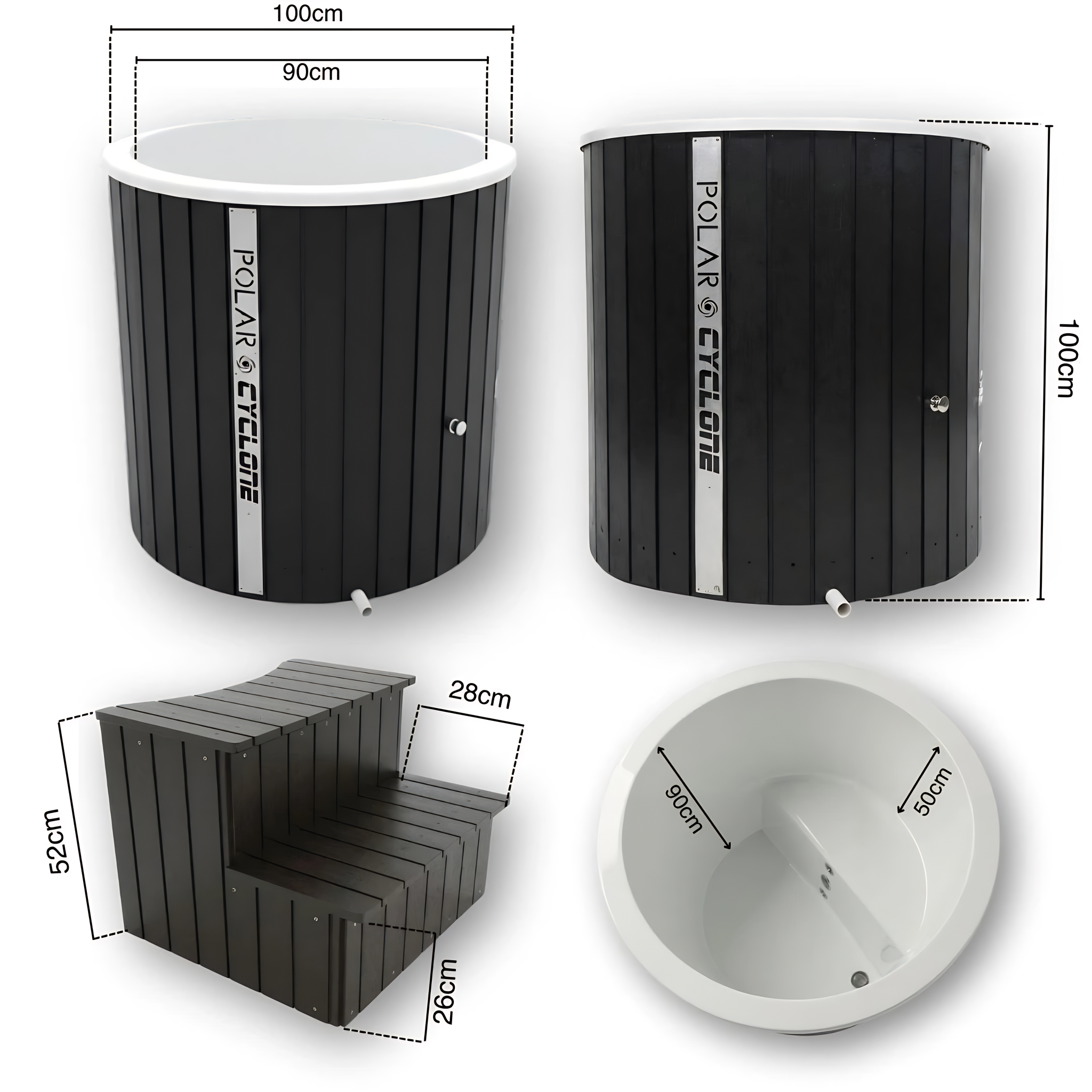 Polar Recovery Cyclone wooden ice bath in black, ice bath and steps dimensions diagram
