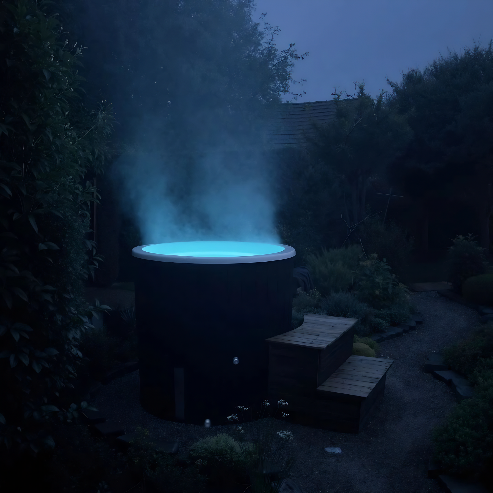 Polar Recovery Cyclone wooden ice bath in black, glowing blue LED light in garden at night