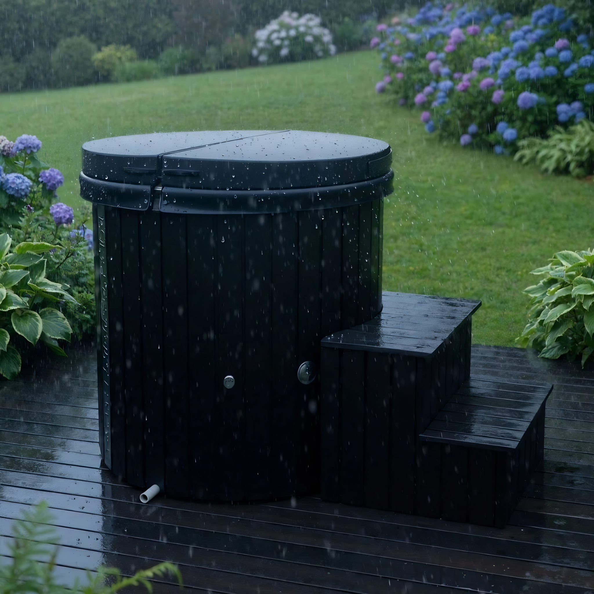 Polar Recovery Cyclone wooden ice bath in black with lid and steps on wet patio