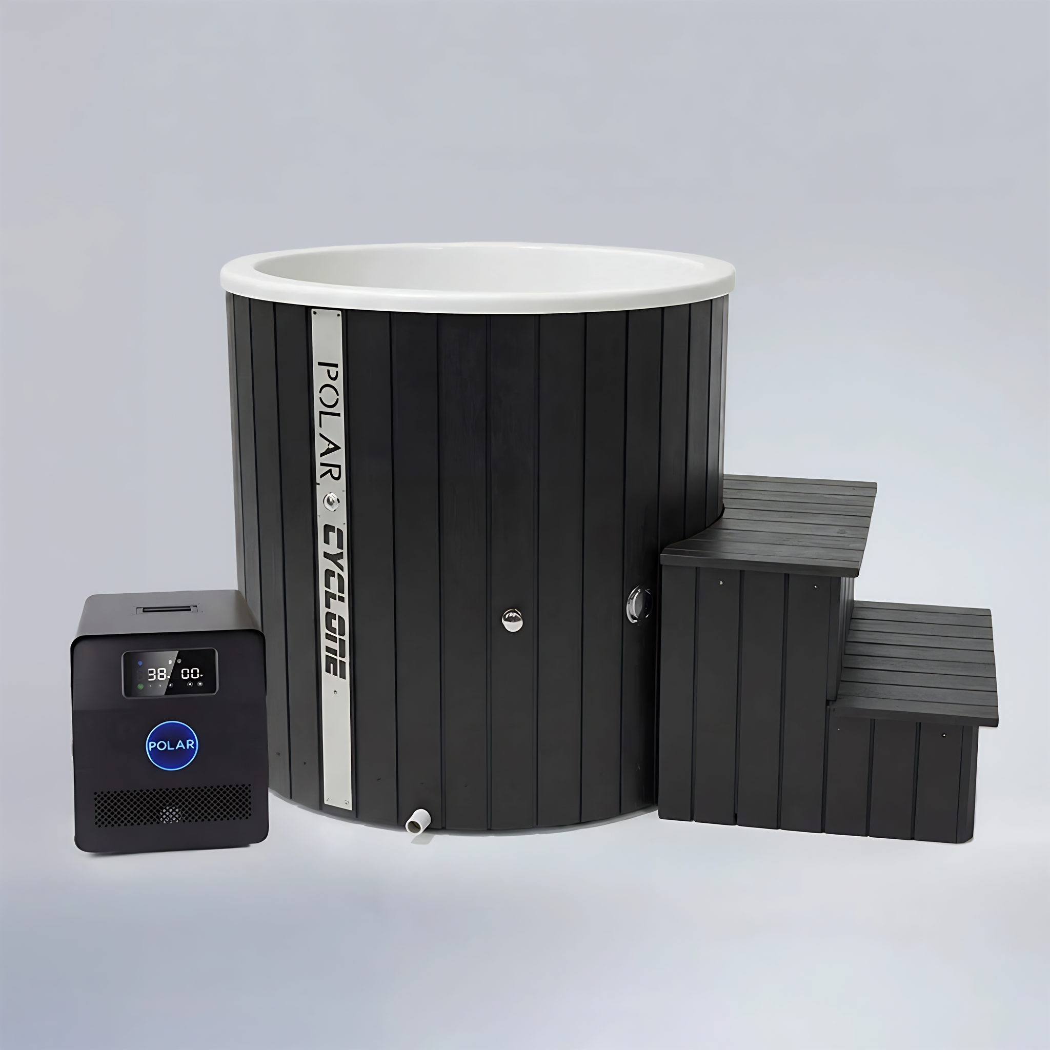 Polar Recovery Cyclone wooden ice bath in black with steps and compact digital chiller