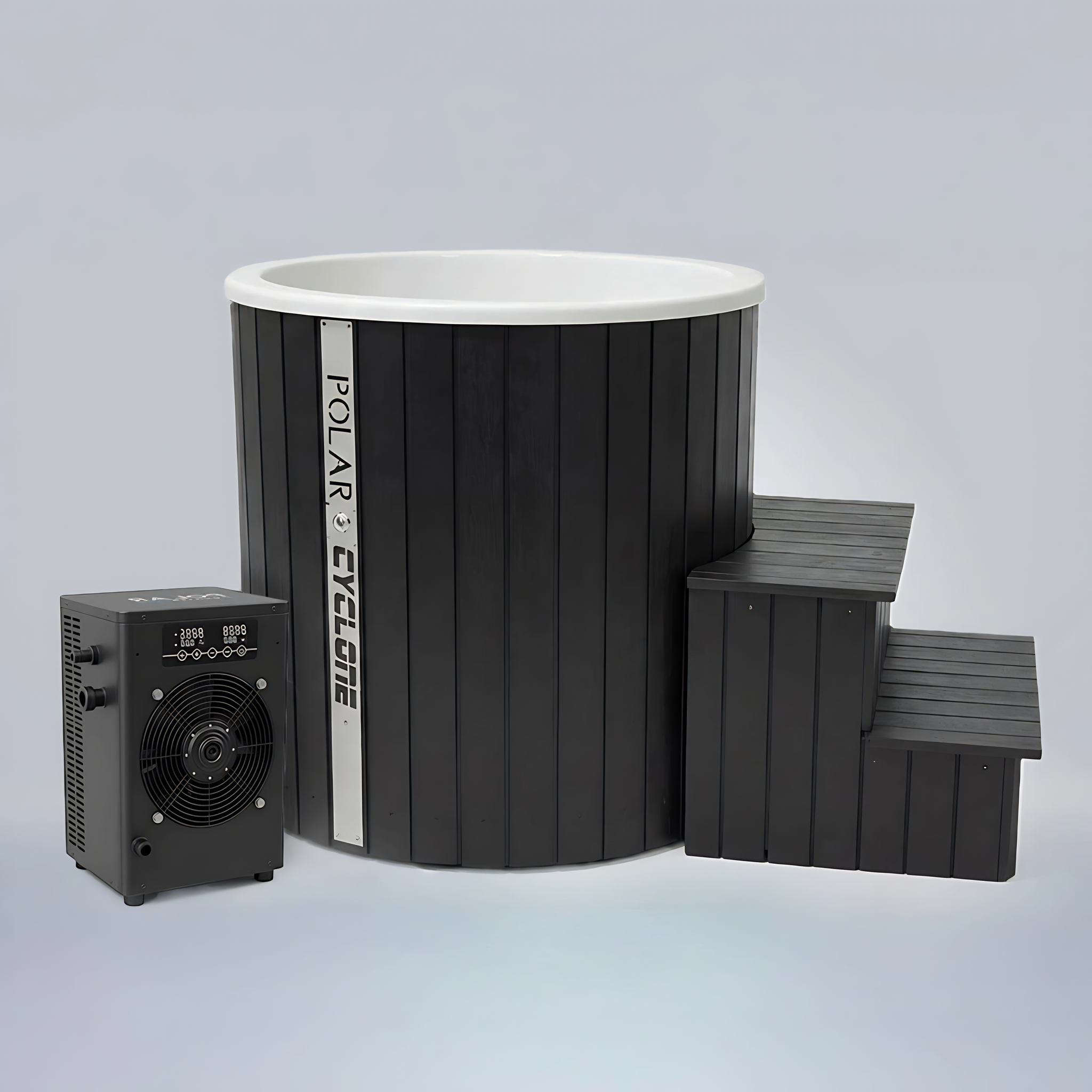 Polar Recovery Cyclone wooden ice bath in black with steps and fan-cooled chiller