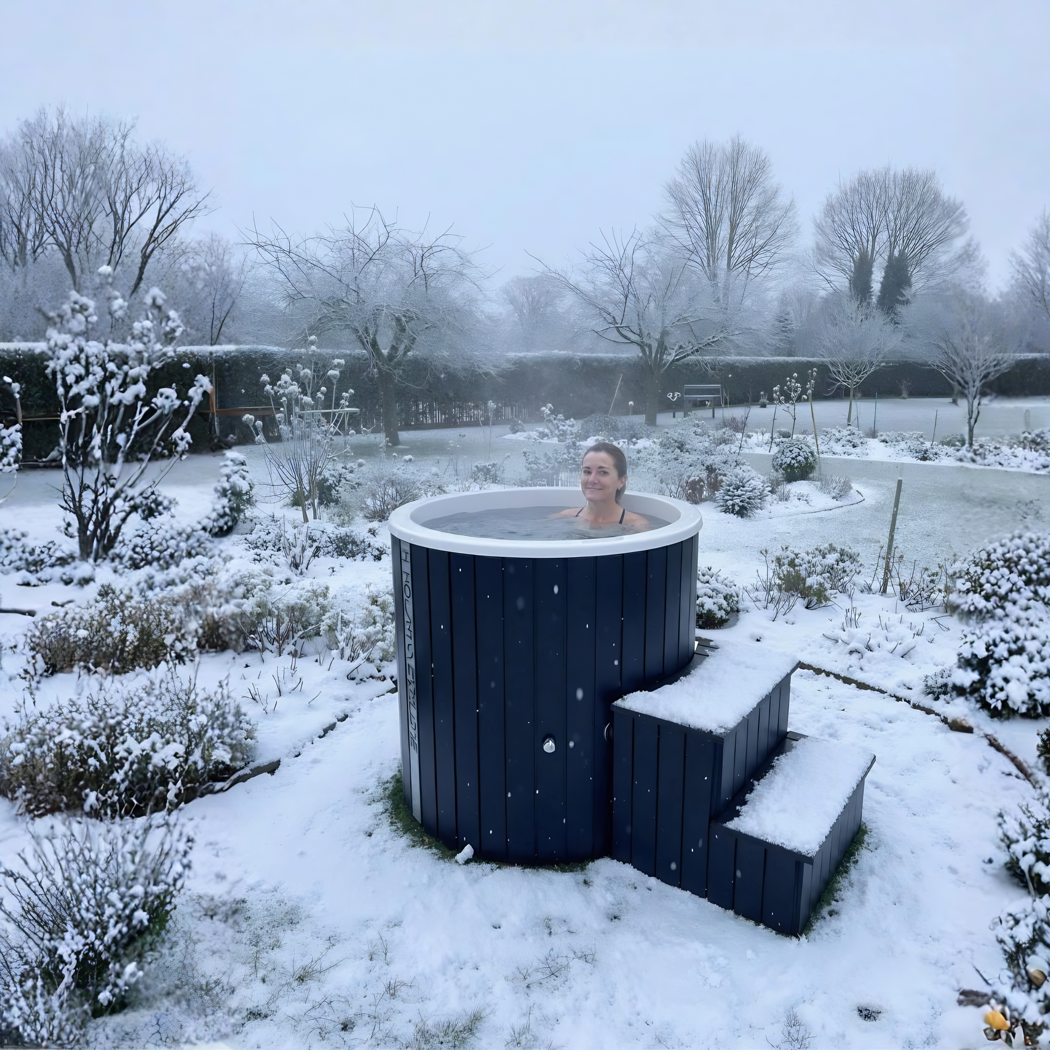 Polar Recovery Cyclone wooden ice bath in black with steps in snow-covered garden