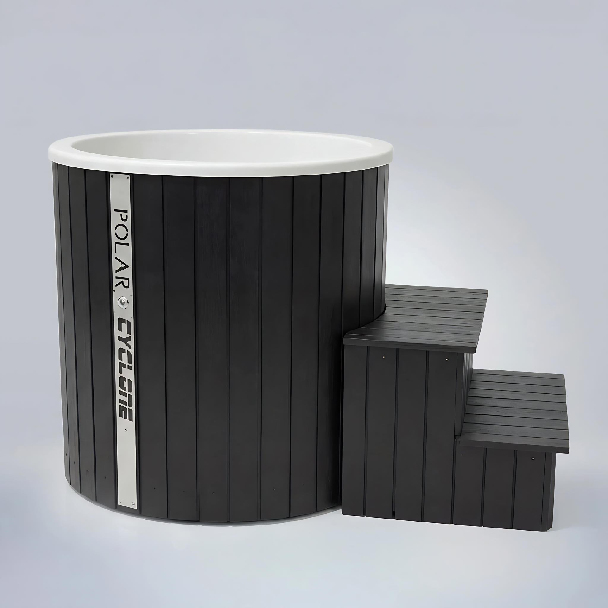 Polar Recovery Cyclone wooden ice bath in black with two-tier steps on a white background