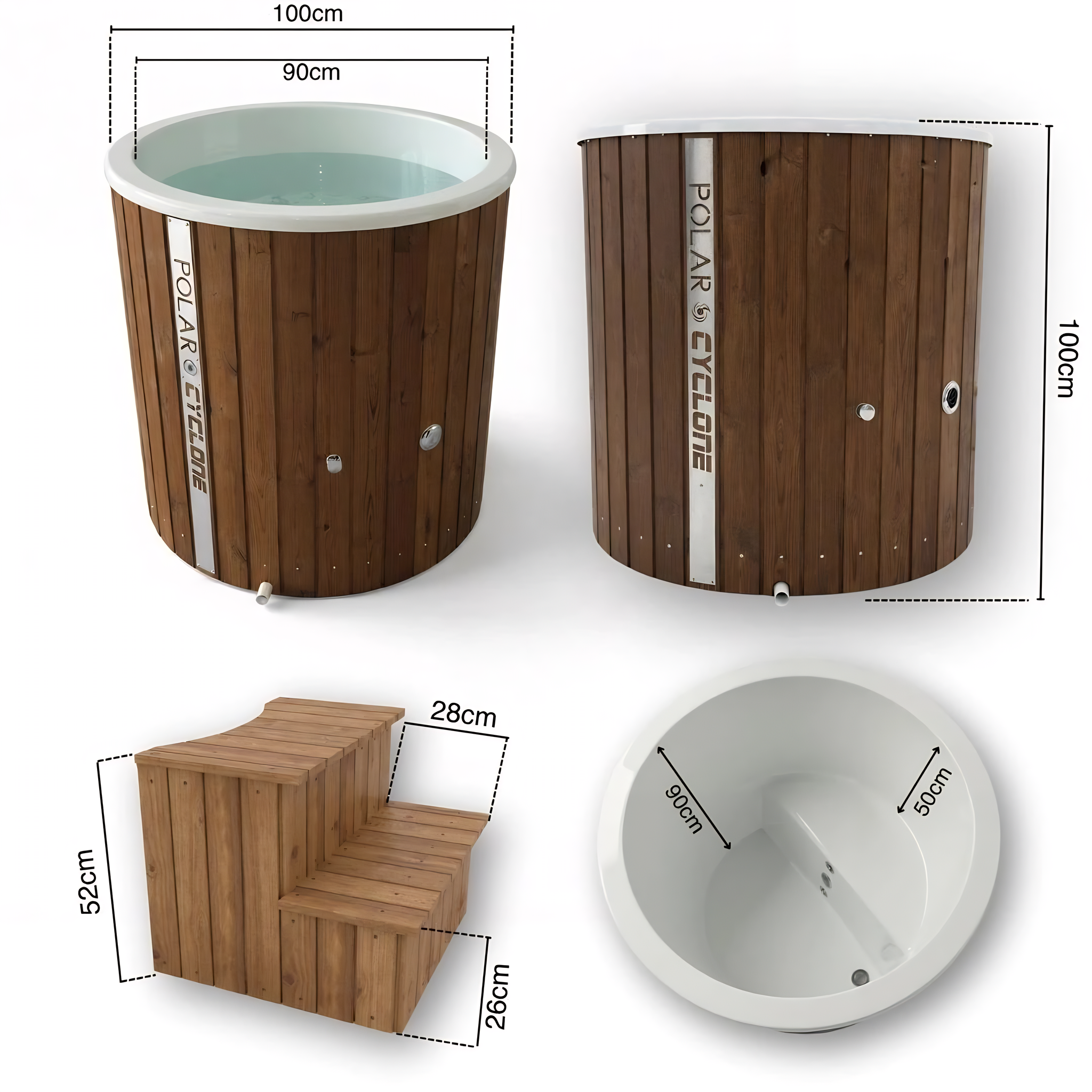 Polar Recovery Cyclone wooden ice bath in natural wood, ice bath and steps dimensions diagram