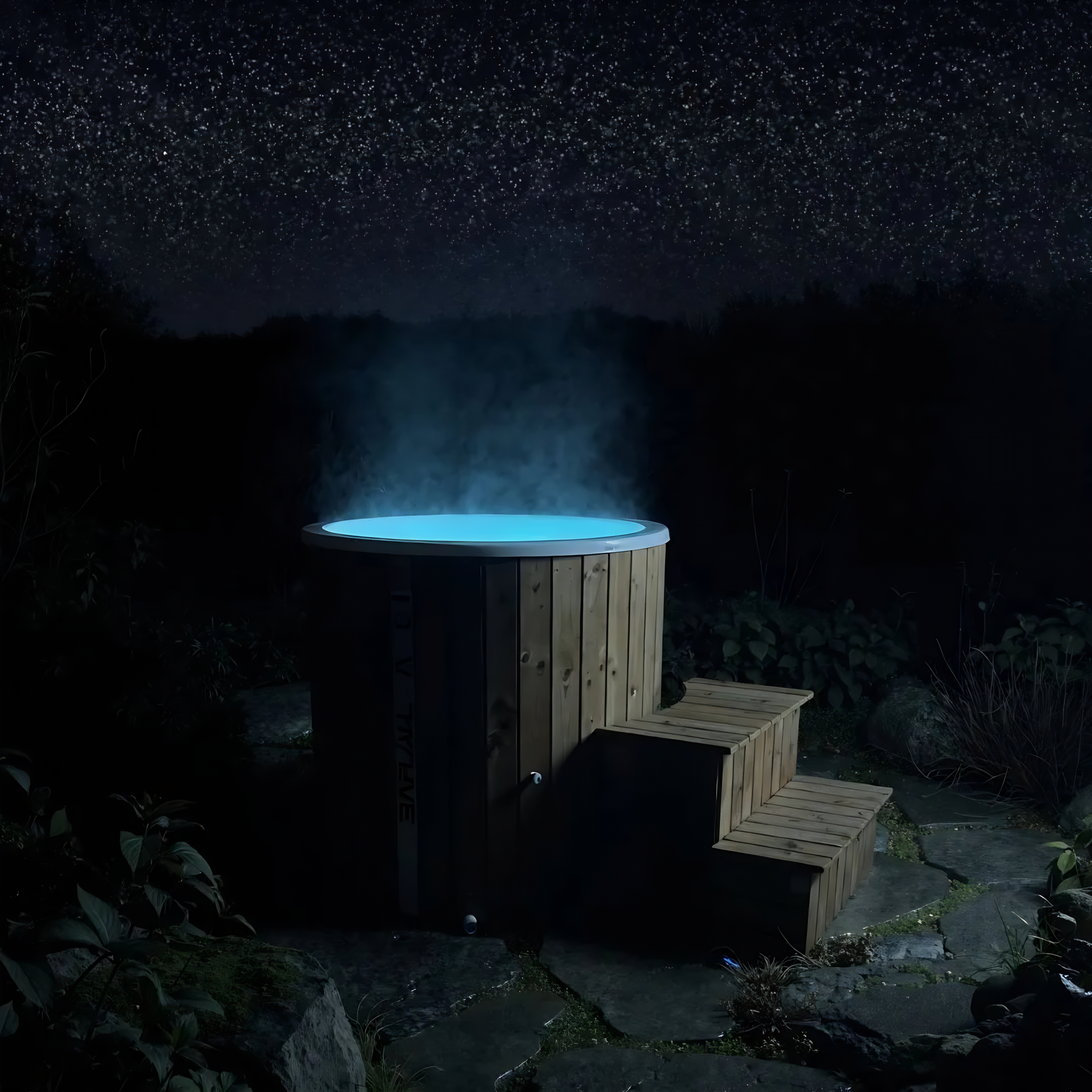 Polar Recovery Cyclone wooden ice bath in natural wood, glowing blue LED light at night