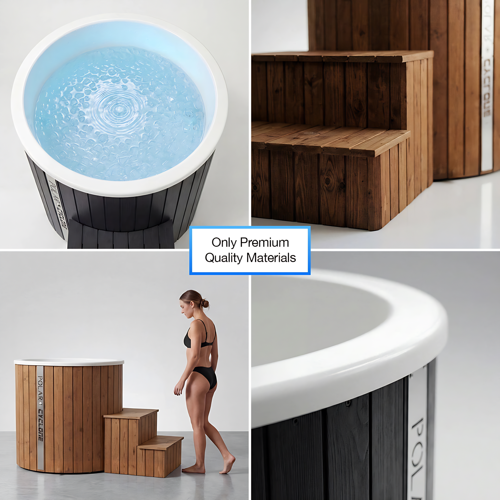 Polar Recovery Cyclone wooden ice bath in natural wood, premium materials detail close-ups
