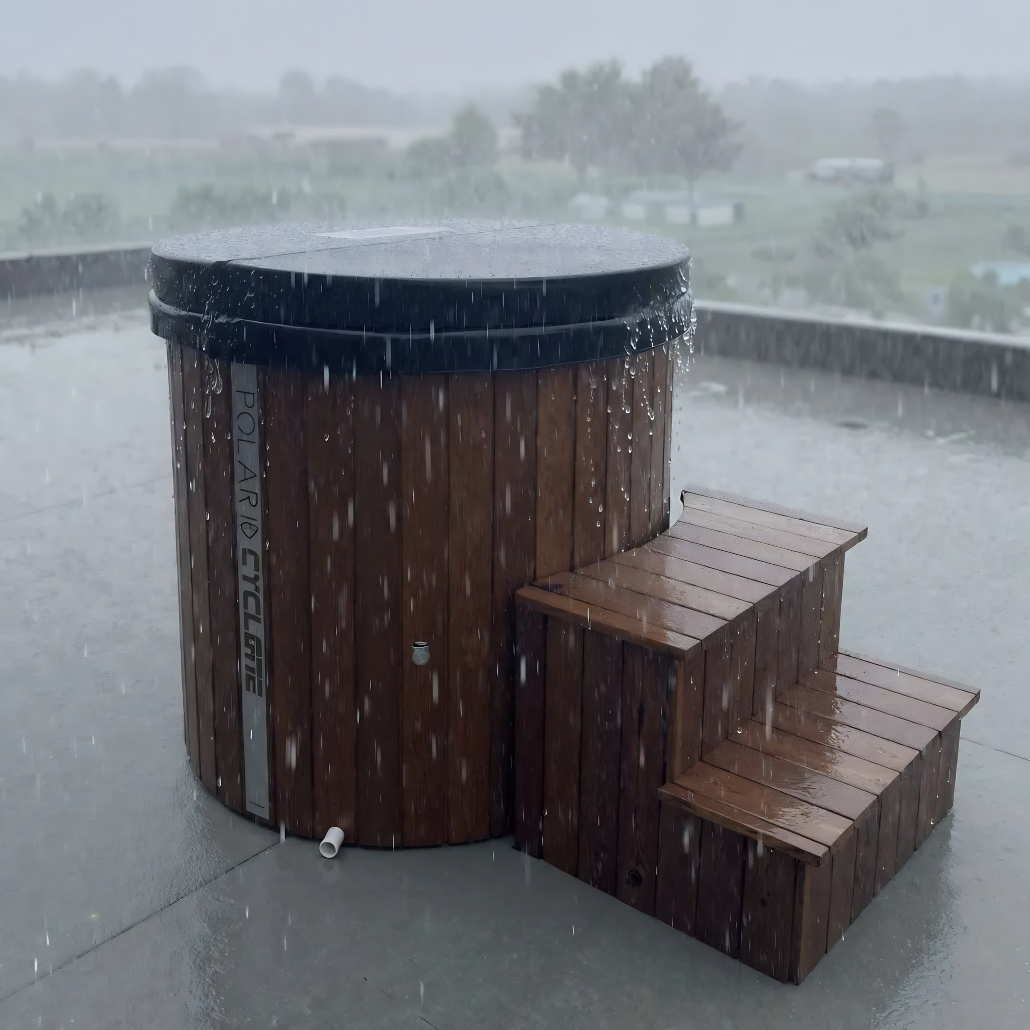 Polar Recovery Cyclone wooden ice bath in natural wood with lid in heavy rain