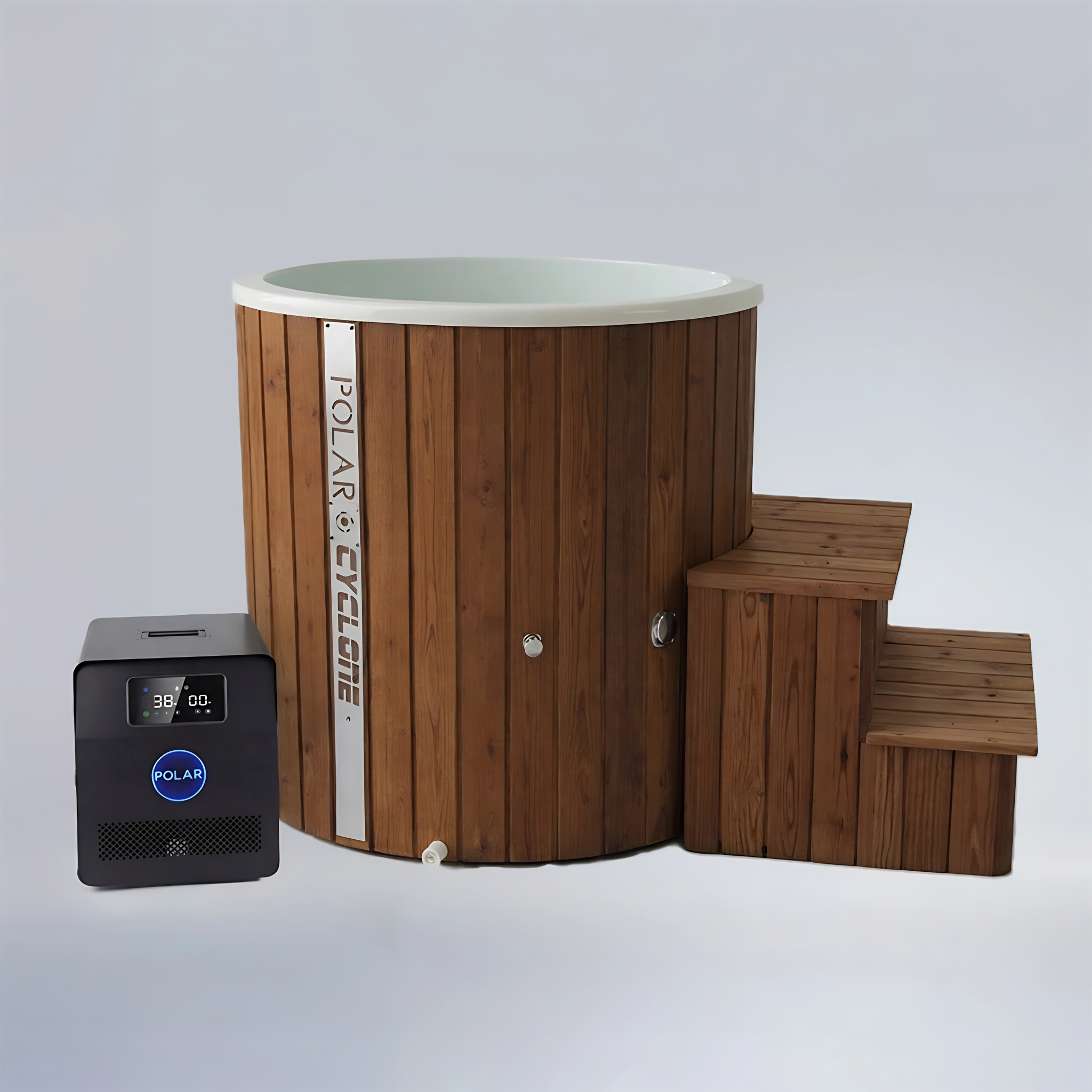 Polar Recovery Cyclone wooden ice bath in natural wood with steps and compact digital chiller