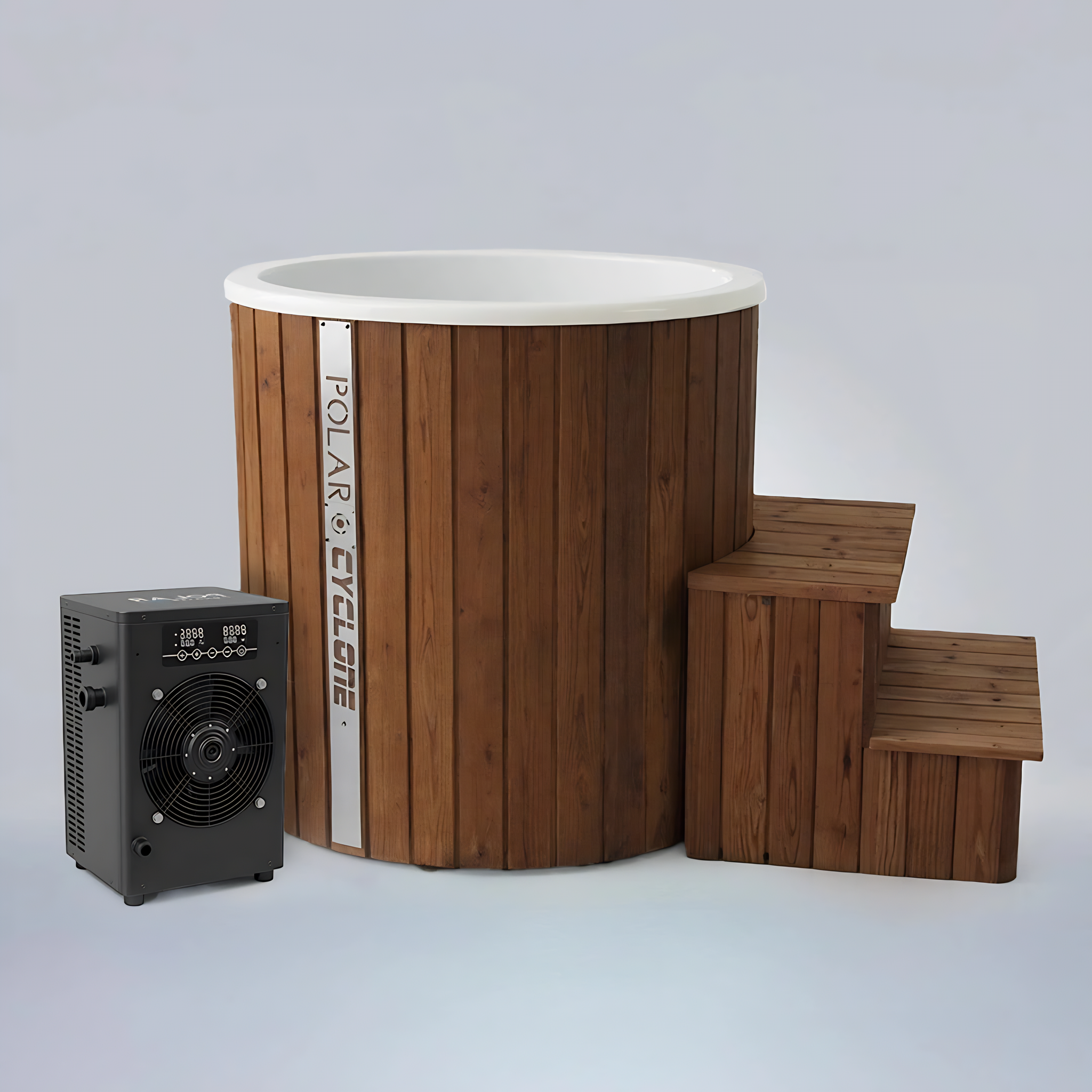 Polar Recovery Cyclone wooden ice bath in natural wood with steps and fan-cooled chiller